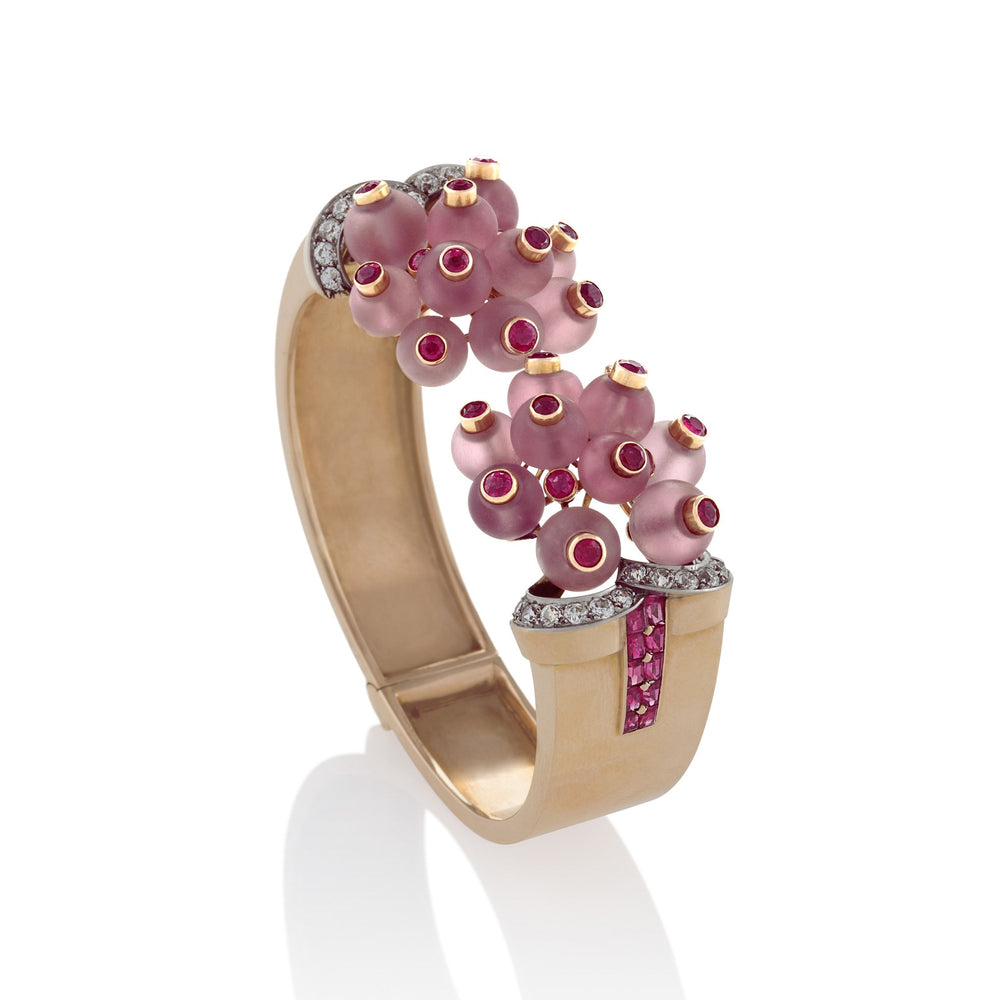 
                      
                        Macklowe Gallery Georges Verger Retro Rose Quartz and Ruby Bracelet Cuff
                      
                    