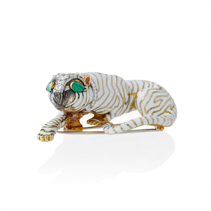 Macklowe Gallery David Webb White Enamel Tiger Brooch