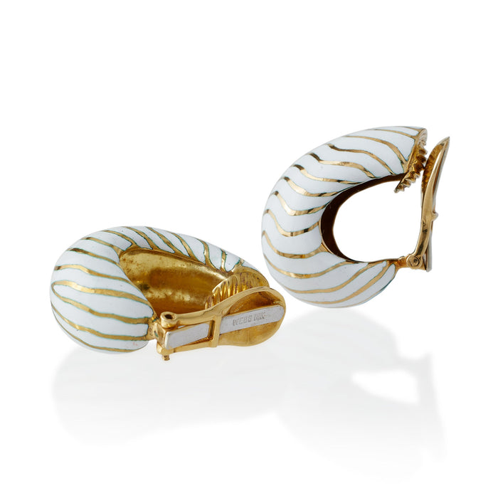 Macklowe Gallery David Webb White Enamel Tiger Stripe Clip Earrings