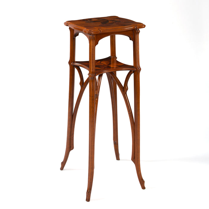 Émile Gallé French Walnut and Fruitwood Marquetry Two-Tiered Pedestal