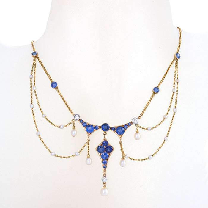 Macklowe Gallery Montana Sapphire, Seed Pearl and Diamond Garland Necklace