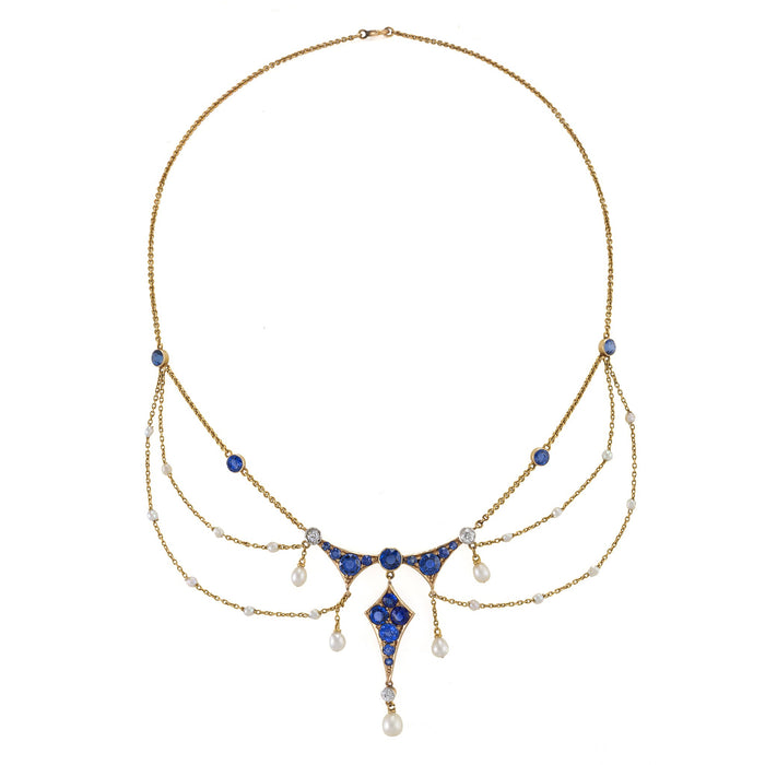 Macklowe Gallery Montana Sapphire, Seed Pearl and Diamond Garland Necklace