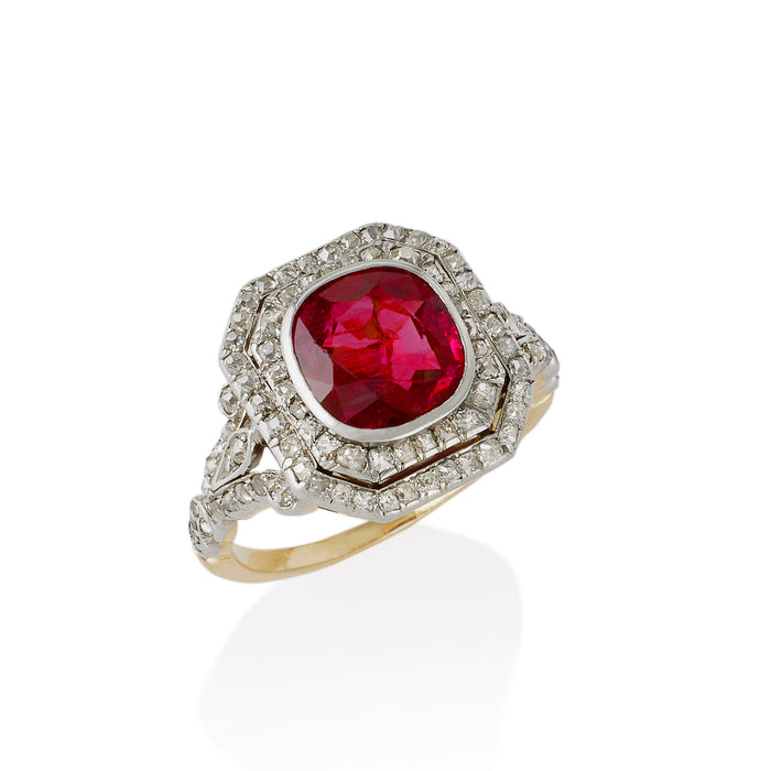 Macklowe Gallery Burma SSEF No-Heat Ruby and Old Mine-cut Diamond Ring