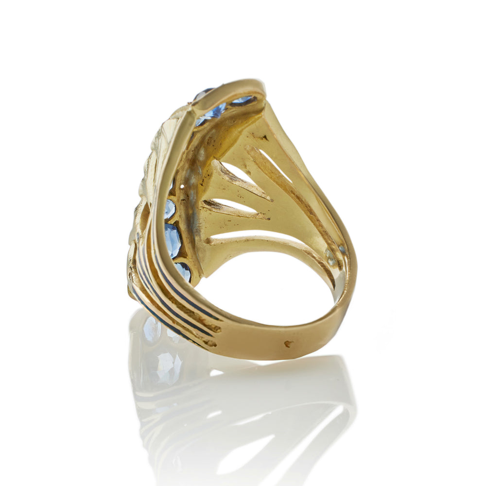 
                      
                        Macklowe Gallery Rare Edouard de Martilly Paris Sapphire and Enamel Lotus Flower Ring
                      
                    
