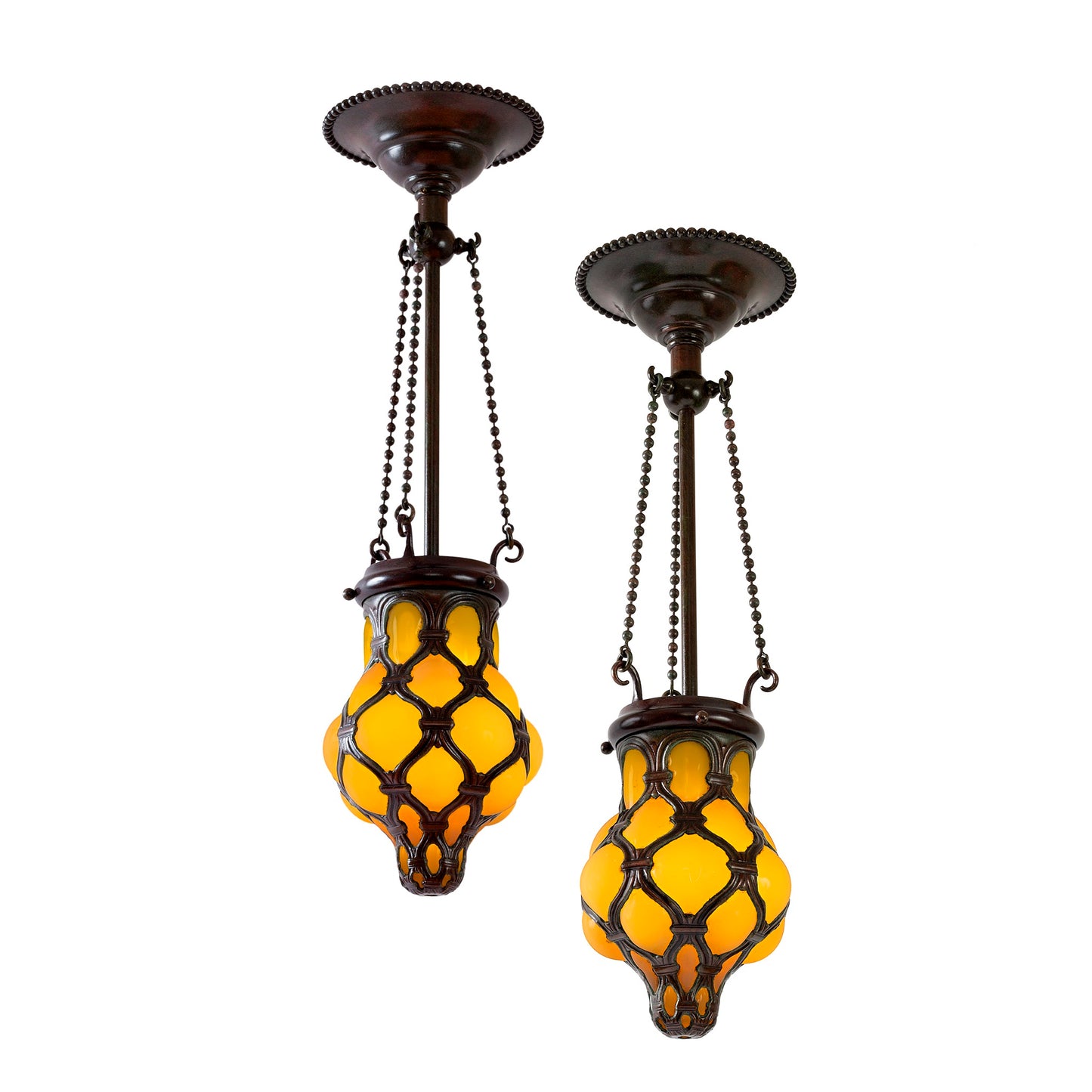 Macklowe Gallery Pair of Tiffany Studios New York "Globe" Glass and Bronze Chandeliers